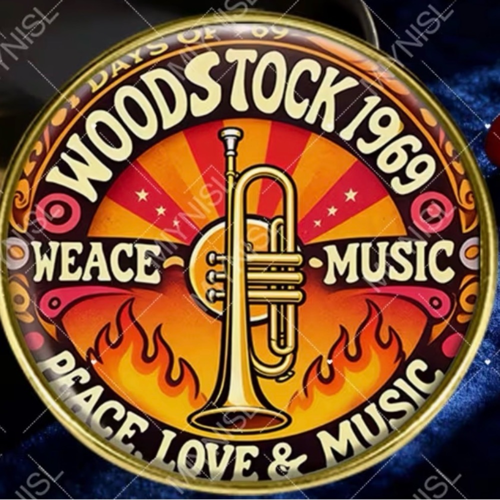 Woodstock Music 1969 Round Lapel Pin Brooch- Peace Love & Music -Groovy Design